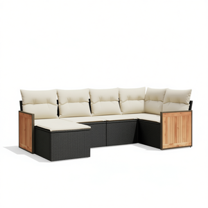 Ensemble de canapés de jardin noir et crème 6 places en rotin, mobilier d'extérieur avec panneaux en teck, design contemporain - Product Image 1