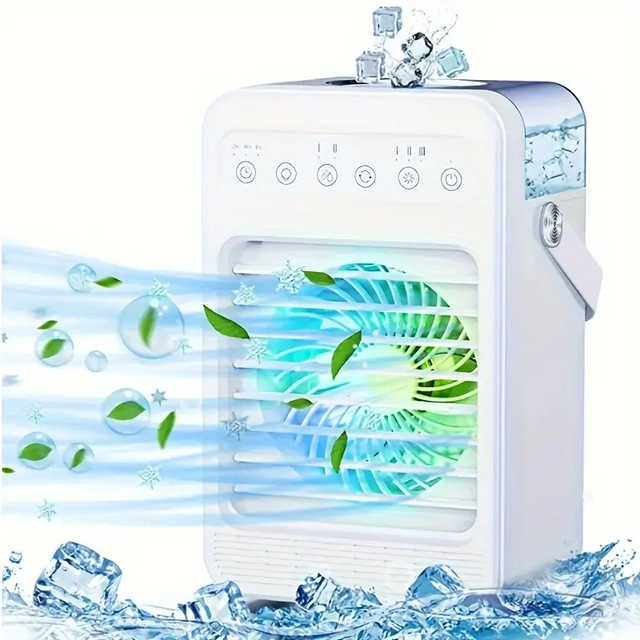 Water Ice Fan Freeze Air Cooler Fan with 600ML Water Tank 4 Wind Speeds 7 Romantic Lights Portable Air Conditioner Fan