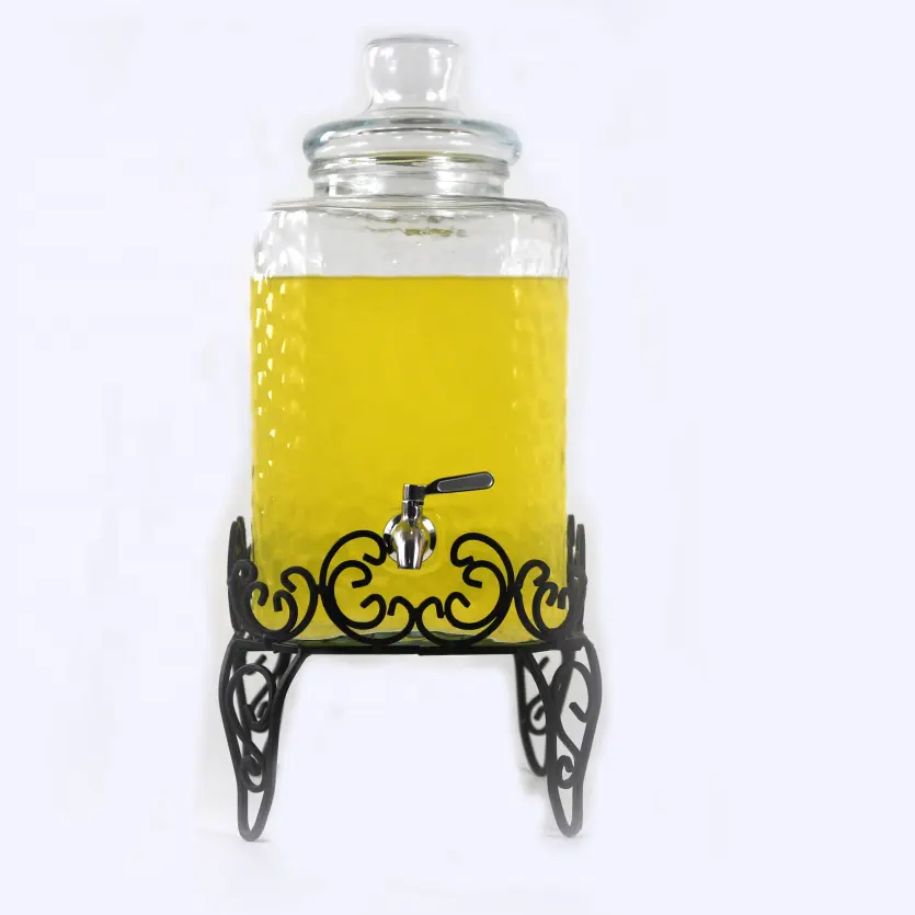 Wide Mouth Square Large 2.5Gallon Glass Jar Water Drinking Juice Dispenser With Tap Flower Metal Stand