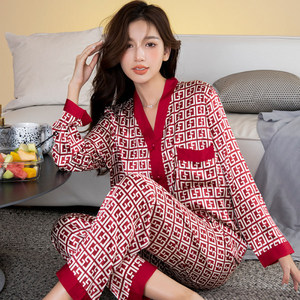 인기있는 여성 플러스 사이즈 얼음 실크 잠옷 긴 소매 통기성 가정용 의류 2 조각 세트 - Product Image 1