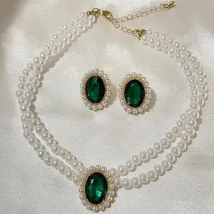 Moda Vintage elegante collana di perle a doppio strato smeraldo con pietre preziose orecchini da donna set di gioielli (KJ083)