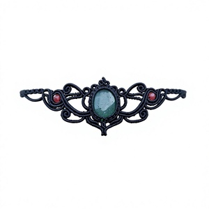 Brazalete Vintage con Baño de Plata Negra, Piedra Ovalada de Jade y Detalles Rojos, Joyería de Aleación, Diseño Unisex - Product Image 1