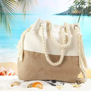 Sacola de lona de juta para mulheres, bolsa de mão personalizada de grande capacidade com alça de corda de praia personalizável com logotipo personalizado, da China