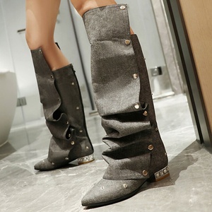 Bottes hautes en jean pour femme, grande taille 48, coupe large, avec rivets métalliques, tige plissée, talons carrés bas - Product Image 5