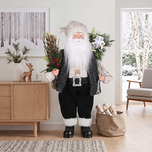 Muñeco de Papá Noel de tamaño real de 36 pulgadas con chaleco de sherpa tartán color marfil, ramas de bayas y bolsa plateada, para venta al por menor <span class=keywords><strong>en</strong></span> chalets - Product Image 1