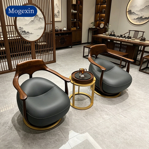 Modern New Solid Wood Swivel Accent Chair <b>Black</b> Leather Upholstered Leisure Armchair Gold Metal Base Hotel Use - Product Image 2