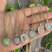 Pendentif ovale Vierge Marie plaqué or 18 carats, charme religieux de Guadalupe avec bordure en opale colorée, pour cadeau catholique