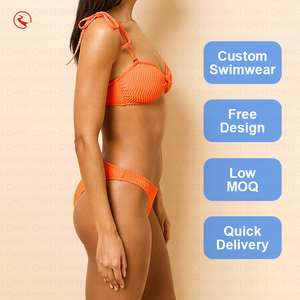 Custom Logo Knitted Bikini <b>Set</b> Halter Lace Up <b>Two</b> <b>Piece</b> Swimwear Orange Solid Color Bodycon Quick Dry Spandex Nylon - Product Image 3