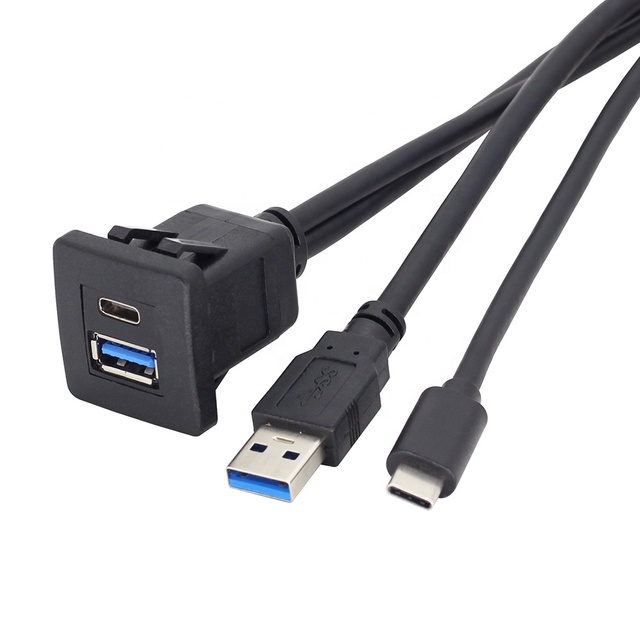 Square Car USB Charger Socket 3A Fast Charging Flush Mount USB 3.0 Type C Male Female Extension Cable