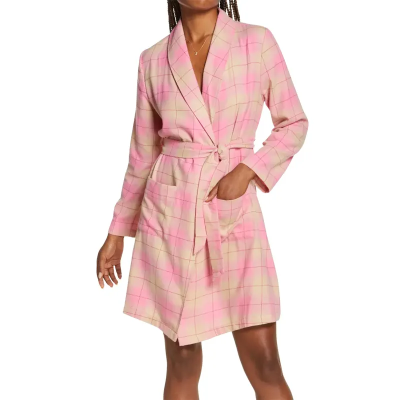Flannel fabric pocket style with detachable belt large size spring and autumn women's home robe