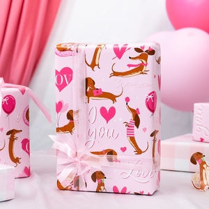 <b>Pink</b> Puppy Love Wrapping Paper Roll Cute Dachshund Pattern Heart Balloon Reversible Gift <b>Wrap</b> for Birthday Valentine’s Day - Product Image 1