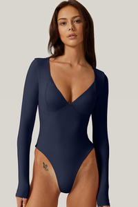 AMZNセクシーなディープVネックボディスーツひも付きボトムシームレスカップゴーイングアウトトップシャツ女性用長袖ボディスーツ - Product Image 6