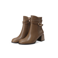 Bottes tendance pour femme en cuir de vachette avec doublure en peau de mouton, antidérapantes, à talon épais et bout rond, avec boucle, mi-mollet