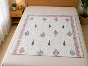 Solid Hand Block Printed Cotton <b>Quilt</b> Reversible Floral Razai Lightweight Indian Kantha Style <b>Bedding</b> Blanket - Product Image 4