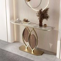 Table Console Simple avec Plateau Long Décoratif en Marbre, Base en Métal Noir et Or pour Salon