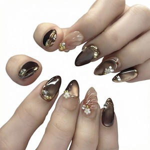 Faux ongles à presser œil de chat faits à la main en gros, 10 pièces, personnalisables, courts ou longs, formes carrée, amande, stiletto - Product Image 3