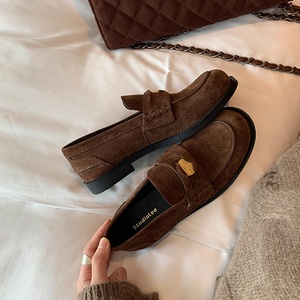 Versión de Piel de Caballo~Mocasines de Cuero Genuino con Parte Superior de Ante de Vaca para Mujer, Versátiles, Retro, Estilizan el Pie, Tacón Bajo y Grueso, Suela de Goma - Product Image 2