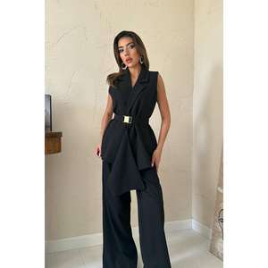 Elegant <b>Black</b> <b>Satin</b> <b>Women's</b> Suit Set With Belted Waist And Wide Leg <b>Trousers</b> - Product Image 2