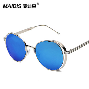 Maidis <b>Round</b> Blue <b>Mirror</b> Sunglasses Metal <b>Frame</b> Unisex UV400 Anti Glare Oval Design - Product Image 1