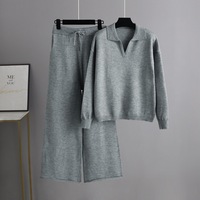 Femmes européennes américaines automne hiver nouvel ensemble tricoté élégant Angora deux pièces pull à col polo ample jambe large décontracté solide