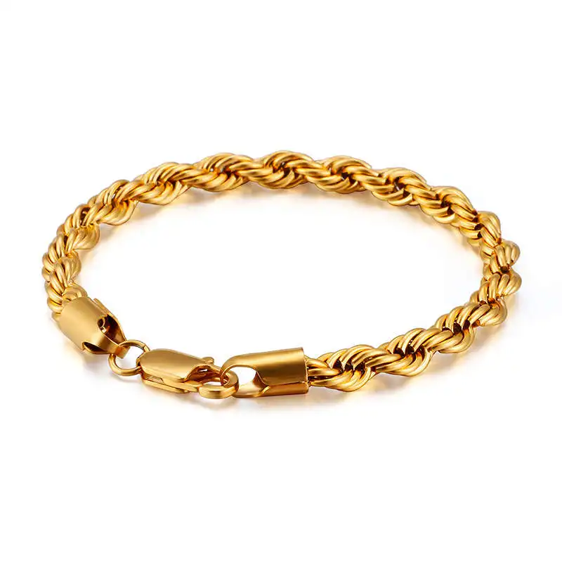 Stainless Steel 18k Gold Plated Classic Link Jewelry With Lobster Claw Clasp Strong Twisted Rope Chain Bracelet