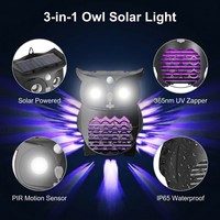 Lampe Solaire Anti-Moustiques Extérieure Owl avec LED UV 365nm, Détecteur de Mouvement PIR, Étanche IP65, 3 Modes, Sécurité de Jardin