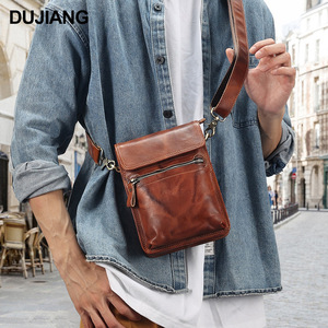 Dujiang Men's Crossbody <b>Bag</b> Brown Leather Compact Vertical Design Everyday Use Durable Wear Resistant - Product Image 1