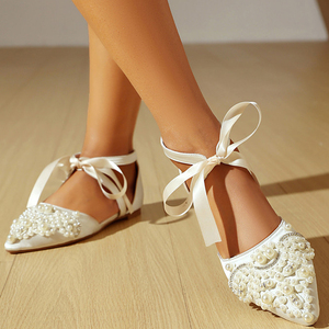 Big Size 45 Women Summer Outdoor Silk Lace-up <b>Flat</b> Shoes <b>Pointed</b> <b>Toe</b> Beads Ornaments Ballet Pumps Wide Fit Sandals - Product Image 5