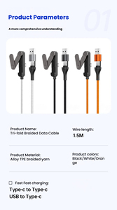 Câble USB-C de charge rapide PD 65W 2-en-1 tressé à 3 volets pour différents téléphones mobiles - Product Image 4