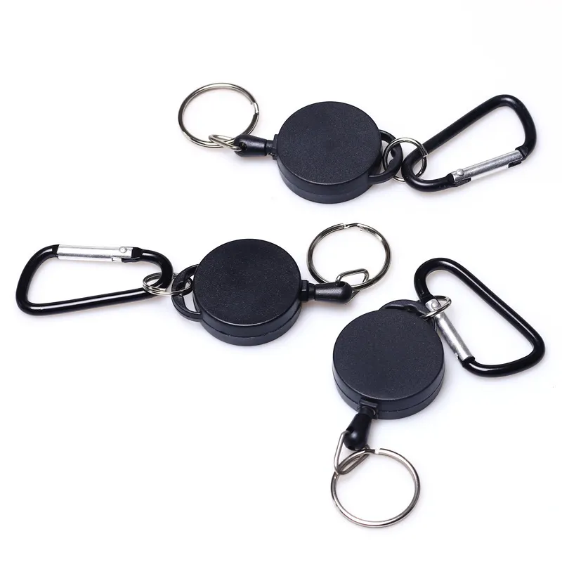 Outdoor Keychain custom D-shape carabiner metal hook keychain outdoor retractable badge reel clip with steel wire rope anti-lost