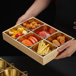 Nine Compartment Serving Tray Stainless Steel Food Platter For Hot Pot Barbecue Restaurants Bamboo Wood Box Multi Function - Product Image 2