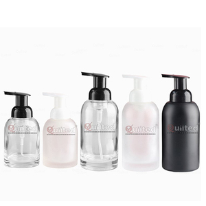 Flacon de savon pour les mains en verre dépoli à large ouverture personnalisé, transparent, noir mat, 250 ml, 350 ml, avec distributeur de mousse et manchon en silicone - Product Image 1
