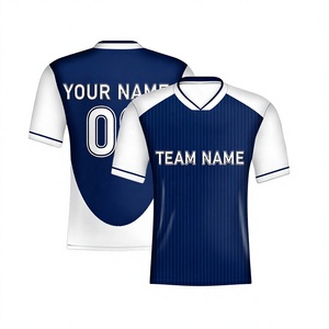 Camiseta de Fútbol Personalizada para Hombre, Cuello en V, Manga Corta, Azul y Blanca, Sublimada, de Poliéster que Absorbe la Humedad, Uniforme de Equipo - Product Image 1