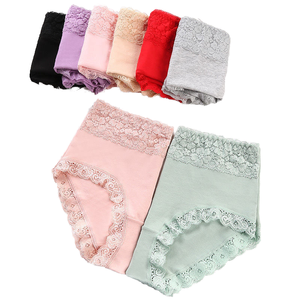 Braguitas de Cintura Alta para Mujer con Ribete de Encaje, Fibra de Algodón y Poliéster, Transpirables, de Color Sólido, Estilo Elegante, Logotipo Personalizado - Product Image 1