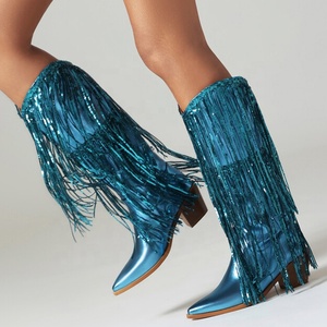 Big Size 48 Women Low Chunky Heels Booties Bling Tassels Cowboy Styles <b>Knee</b> <b>High</b> Boots Paillette Wedges Shoes - Product Image 1