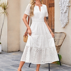 เดรสยาวแขนสั้นคอวีลายฉลุจีบระบายแฟชั่นสำหรับผู้หญิง - Product Image 3