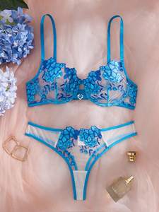 Set Lingerie Donna in Pizzo Trasparente Blu con Ricamo Floreale, Reggiseno Push-up e <span class=keywords><strong>Perizoma</strong></span>, 2 Pezzi, Intimo Disponibile nel Magazzino USA - Product Image 6