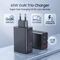 Cargador Rápido HNT 65W GaN de 3 Puertos 2C1A, Adaptador de Pared PPS con Carga Súper Rápida 2.0 para Samsung S24 S23 Ultra Galaxy, Enchufe para Reino Unido, UE y EE. UU.
