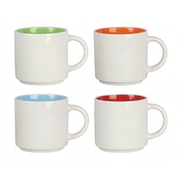 Vente en gros de tasses à eau en porcelaine empilables de 310 ml, couleur blanche à l'extérieur, couleur intérieure en céramique, logo personnalisé imprimé, mug en céramique pour cadeau promotionnel