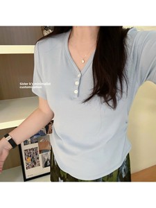 Summer New Wide Loose Shoulder Buttons Half Open V-Neck Short Sleeve Anti-pilling Washed <strong>T</strong>-<strong>shirt</strong> <strong>Joker</strong> Slim ToP - Product Image 4