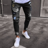 Jeans en denim déchiré style punk brodé sur mesure, coupe ample et fuselée pour homme