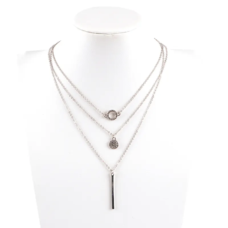 China Wholesale Cheap Simple Jewelry Sets Bar Disc Shaped Crystal Rhinestone Pendant Necklace Set
