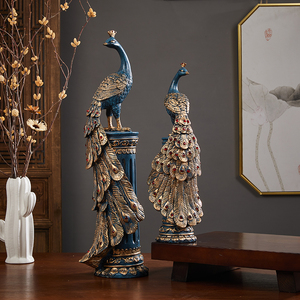 Par de Estatuas de Pavo Real Azul Dorado, Adorno Decorativo de Estilo Chino para Sala de Estar, Oficina, Entrada - Product Image 5