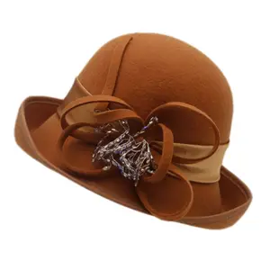 New Hot Bán 100% Len Cảm Thấy Cloche Xô Bowler Hat Đám Cưới Mũ Mùa Đông Phụ Nữ Giáo Hội Mũ Rộng Upturn Brim