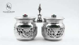 Boîte à Kumkum double en argent sterling 925 Silver House avec couvercles sertis de pierres précieuses - Product Image 3