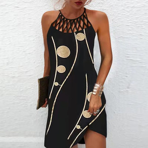 Abito Estivo Primaverile Casual Traspirante Leggero Elegante e in Stile Retrò con Scollo a O Senza Maniche Traforato Stampato a Linea A per Donne - Product Image 2