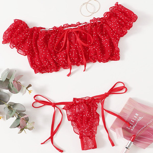 Ensemble de lingerie de luxe européen et américain d'été à pois en maille, sans bretelles, épaules dénudées, pyjama sexy pour femme, lingerie intime - Product Image 4