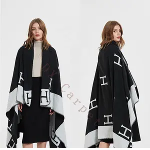 Custom Design Knit Letter H 100% Cashmere Blanket Thick Luxury grey or black color