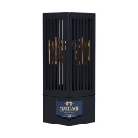 Boîte à vin en bois noir de luxe avec deux portes battantes et lattes métalliques dorées, étui d'emballage personnalisé pour bouteille de whisky haut de gamme