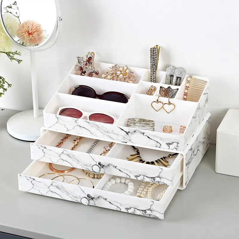 Scatola di immagazzinaggio cosmetica multifunzione a 3 livelli per desktop domestico a prova di polvere in plastica impilabile in marmo 2 pezzi set organizer per il trucco